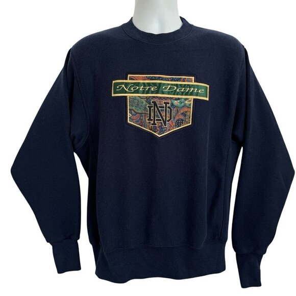 Vintage Notre Dame ND Embroidered Spell-out Sweatshirt L Navy Blue Gold College - Picture 1 of 16